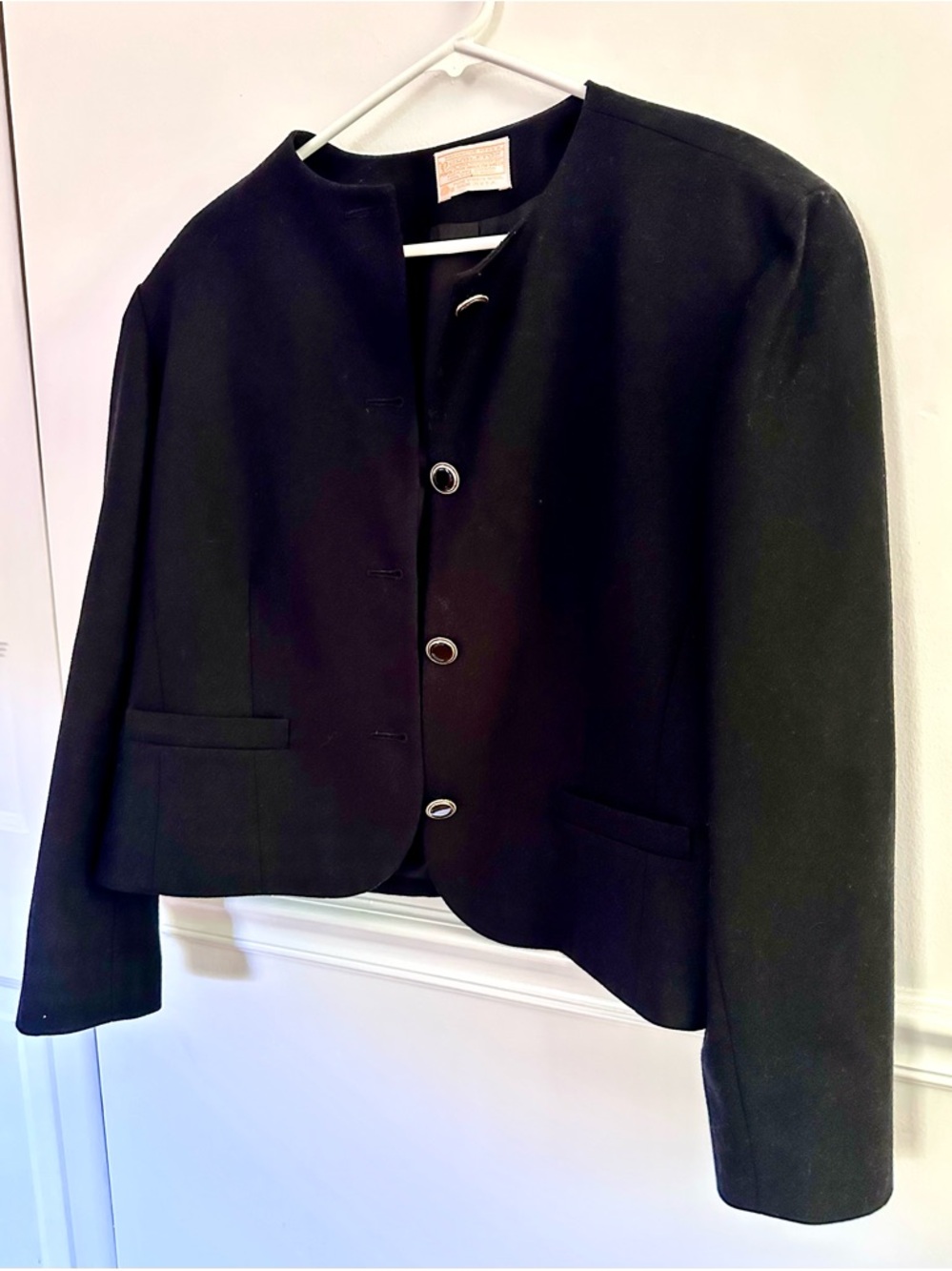 Vtg Pendleton Black Wool Lady Jacket 16 Collarless Gold Buttons Cropped USA Made